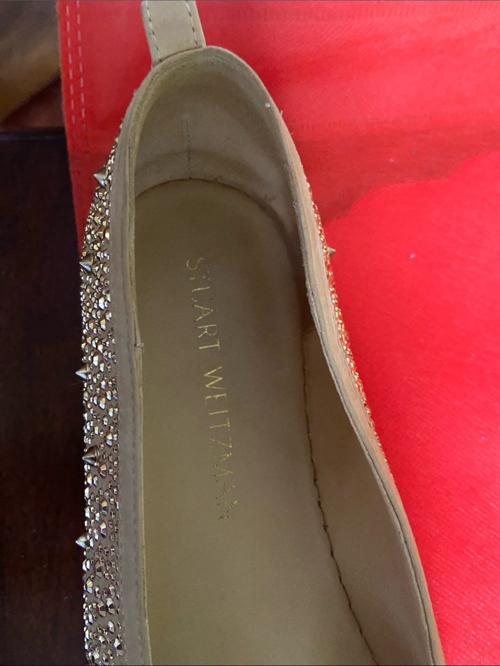 Stuart Weitzman Beige with gold Crystal Embellished Women's Espadrille Slip-Ons - Picture 2 of 5